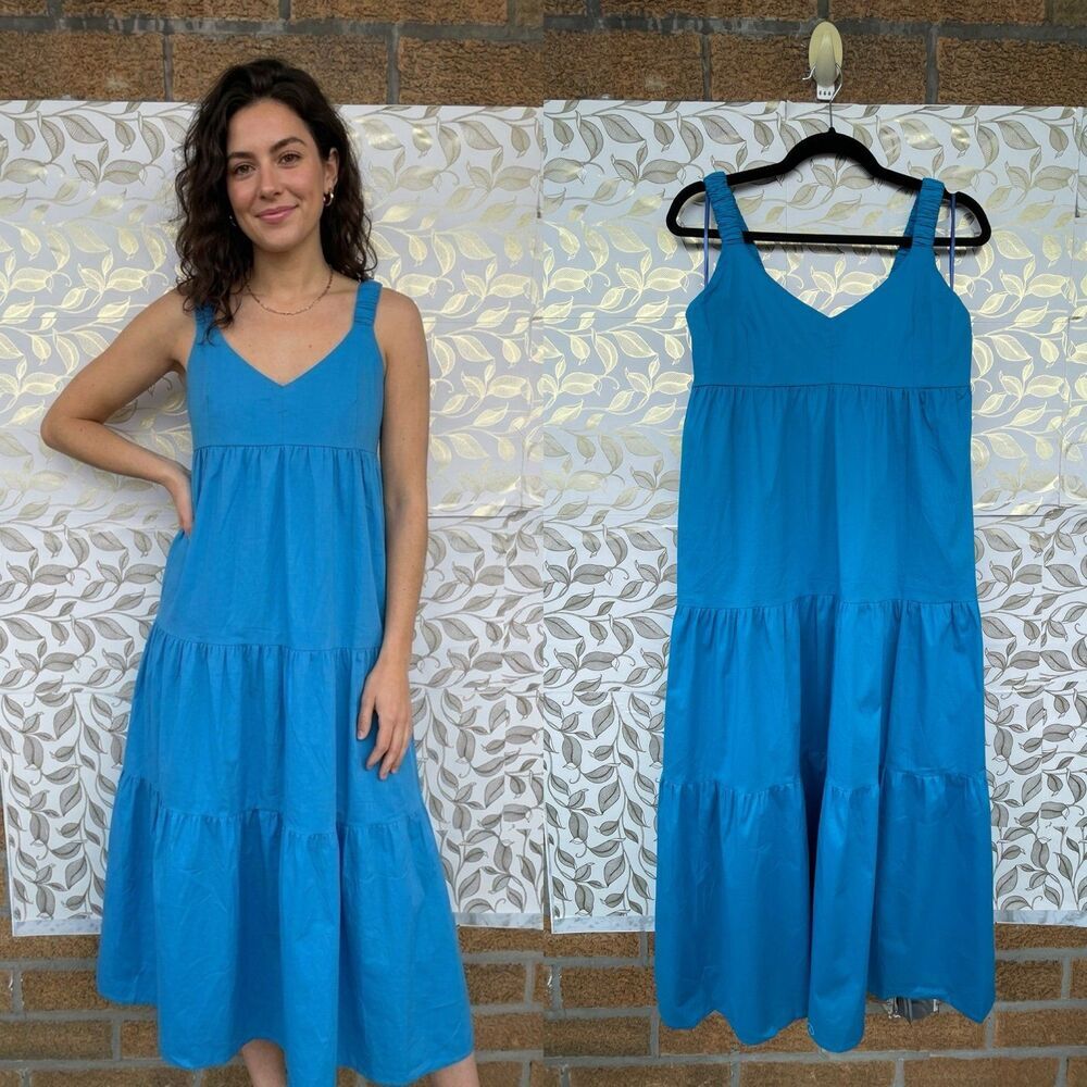 NWT MAGARI Italy Cobalt Blue Tiered Maxi Dress L Cotton Poplin Euro Summer